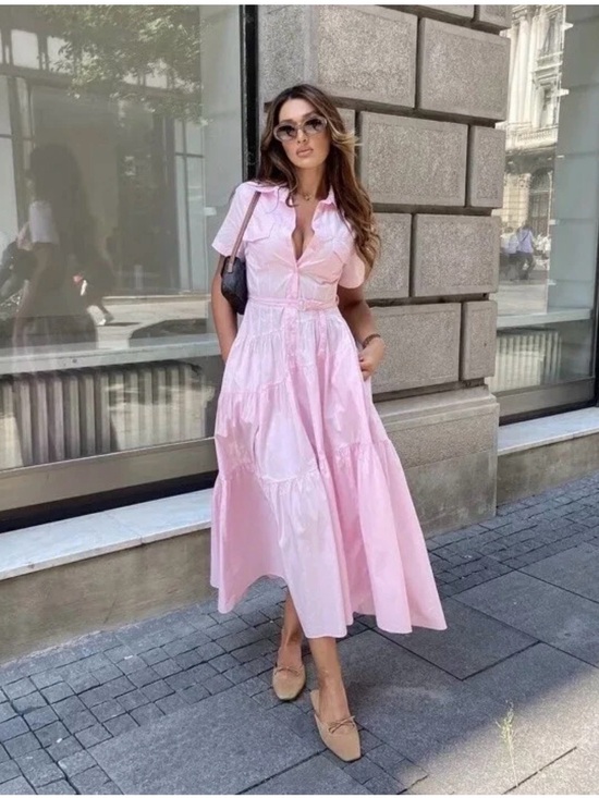 Zara Dresses & Skirts - Zara Baby Pink 100% Cotton Collared Belted Shirt Dress Maxi Resort Women’s XS